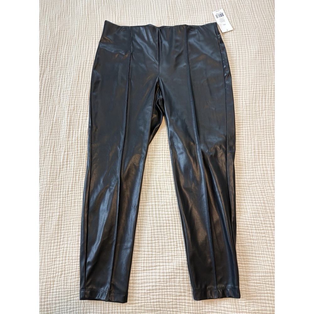 Women's Black Faux Leather High Rise Pants XLp Pleated Pull On Punk Grunge